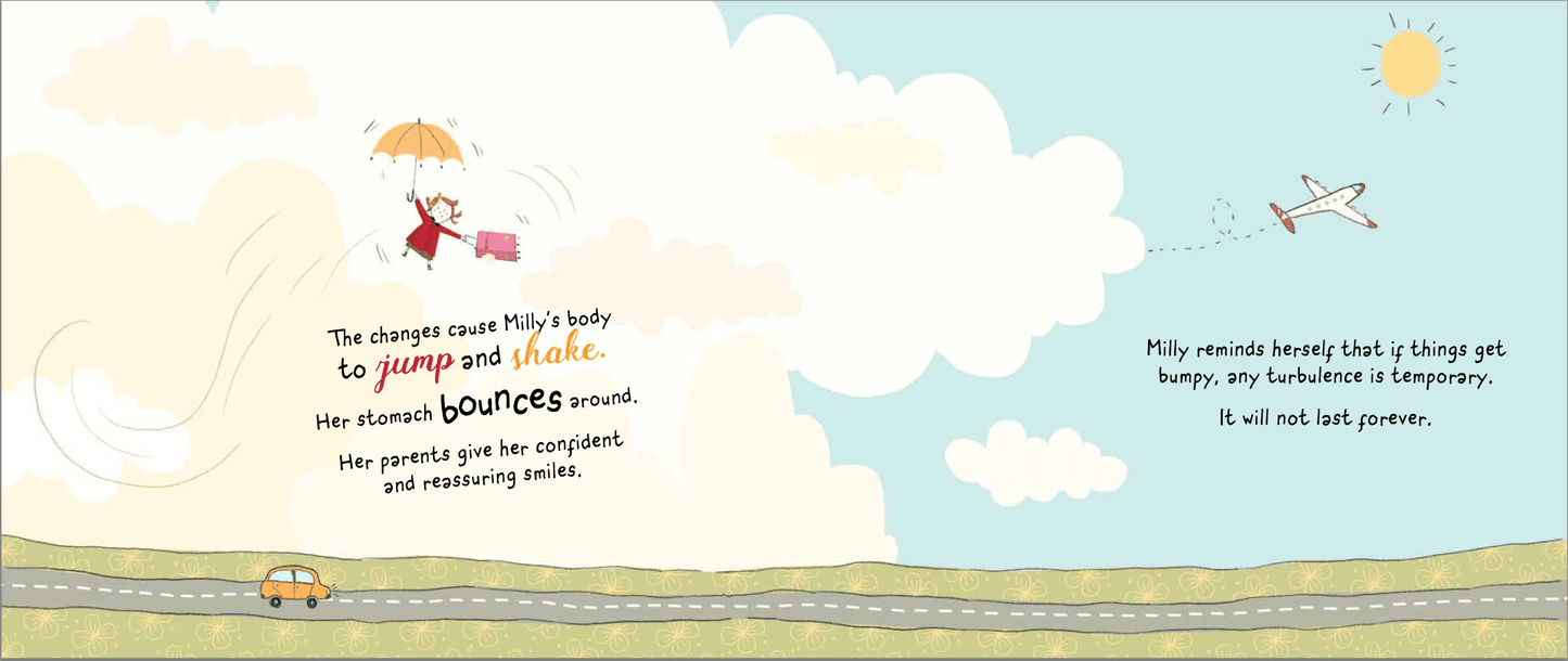 pages 16 and 17 from Milly's Parent Airport as Milly flies through the air with her umbrella feeling confident and resilient