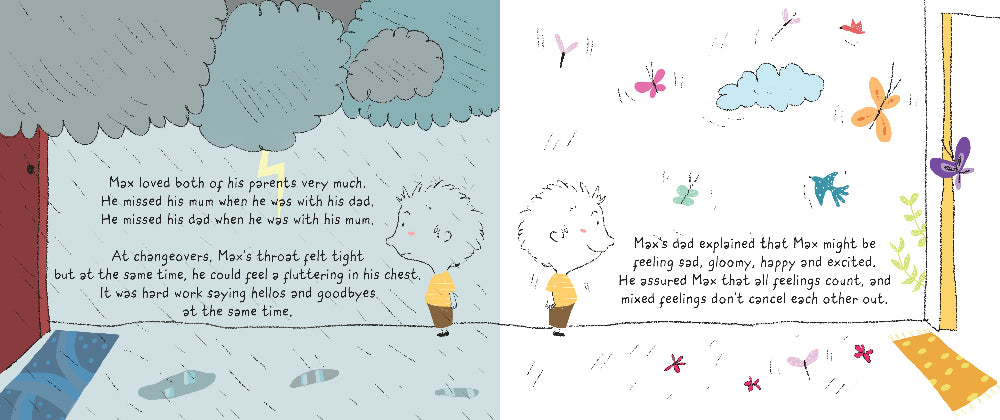 pages 20 and 21 from inside Max's Divorce Earthquake explaining mixed feelings