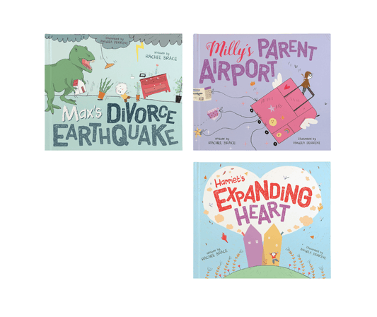 photo of covers of Max's Divorce Earthquake Harriet's Expanding Heart, Milly's Parent Airport