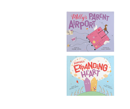 Cover of 2 children's books titled Milly's Parent Airport and Harriet's Expanding Heart by Rachel Brace