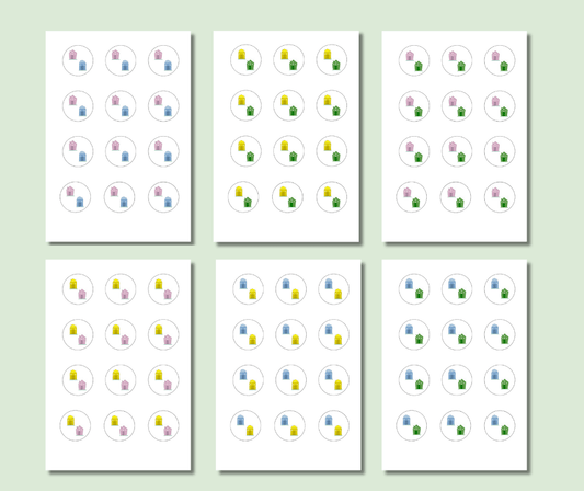 photo of 6 different colourway variations of sheets of changeover day stickers