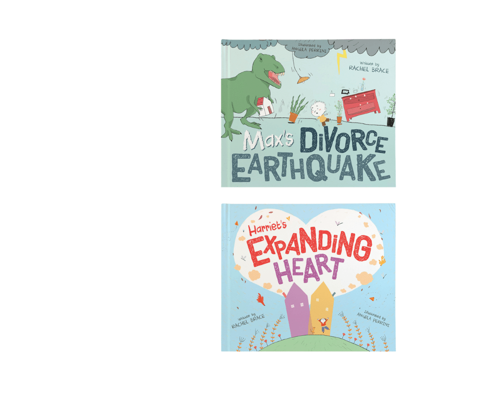 Cover of 2 children's books titled Max's Divorce Earthquake and Harriet's Expanding Heart by Rachel Brace