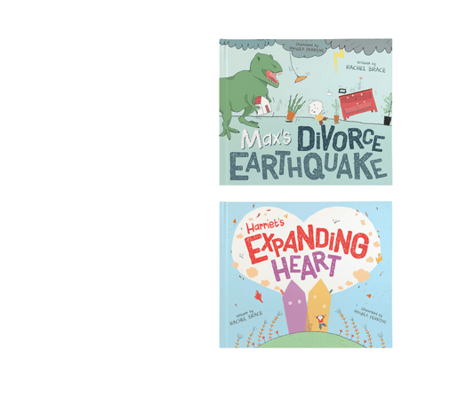 Cover of 2 children's books titled Max's Divorce Earthquake and Harriet's Expanding Heart by Rachel Brace
