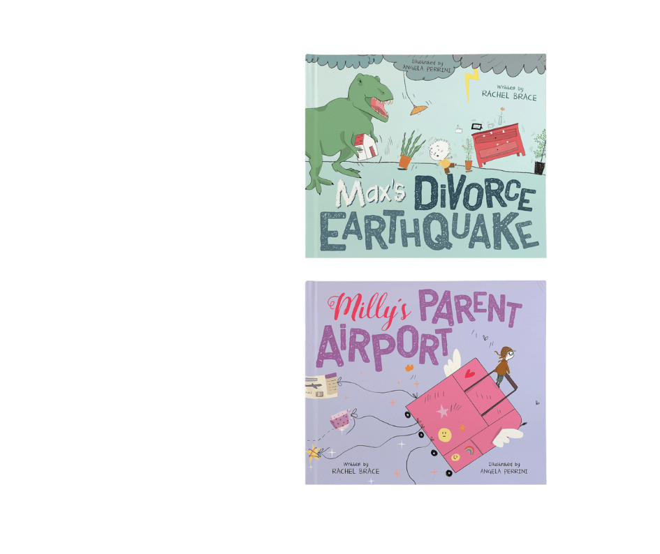Cover of 2 children's books titled Max's Divorce Earthquake and Milly's Parent Airport by Rachel Brace