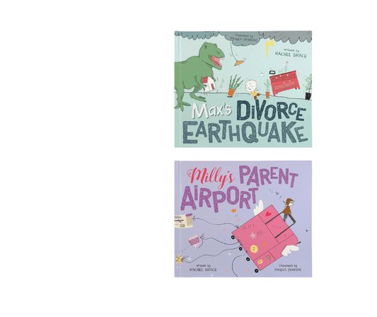 Cover of 2 children's books titled Max's Divorce Earthquake and Milly's Parent Airport by Rachel Brace