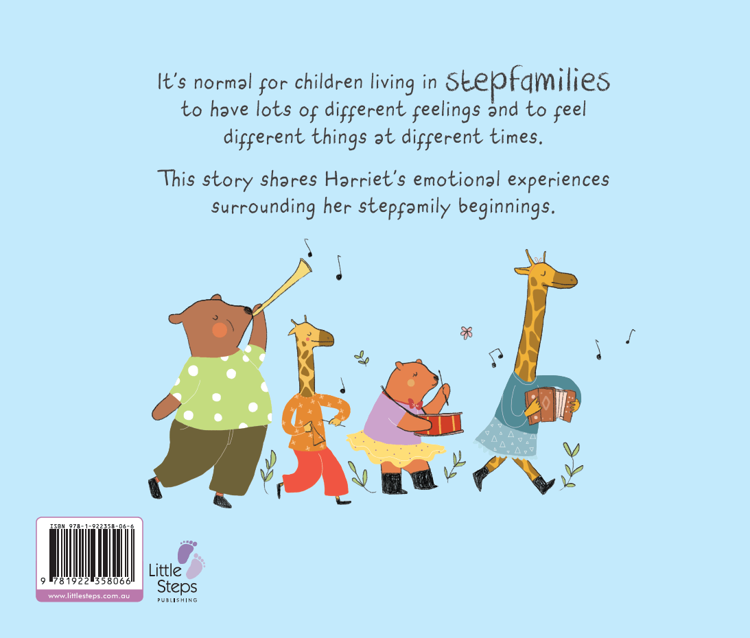 back cover of Harriet's Expanding Heart describing the story stepfamilies and emotional experiences