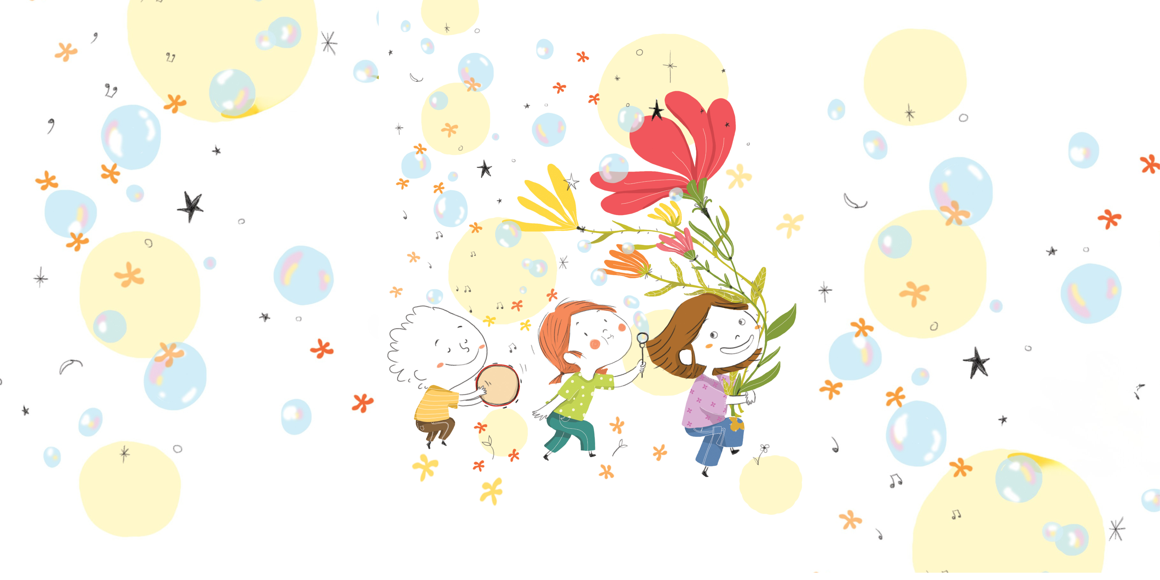 Illustration of Max, Harriet and Milly with flowers and bubbles




















































