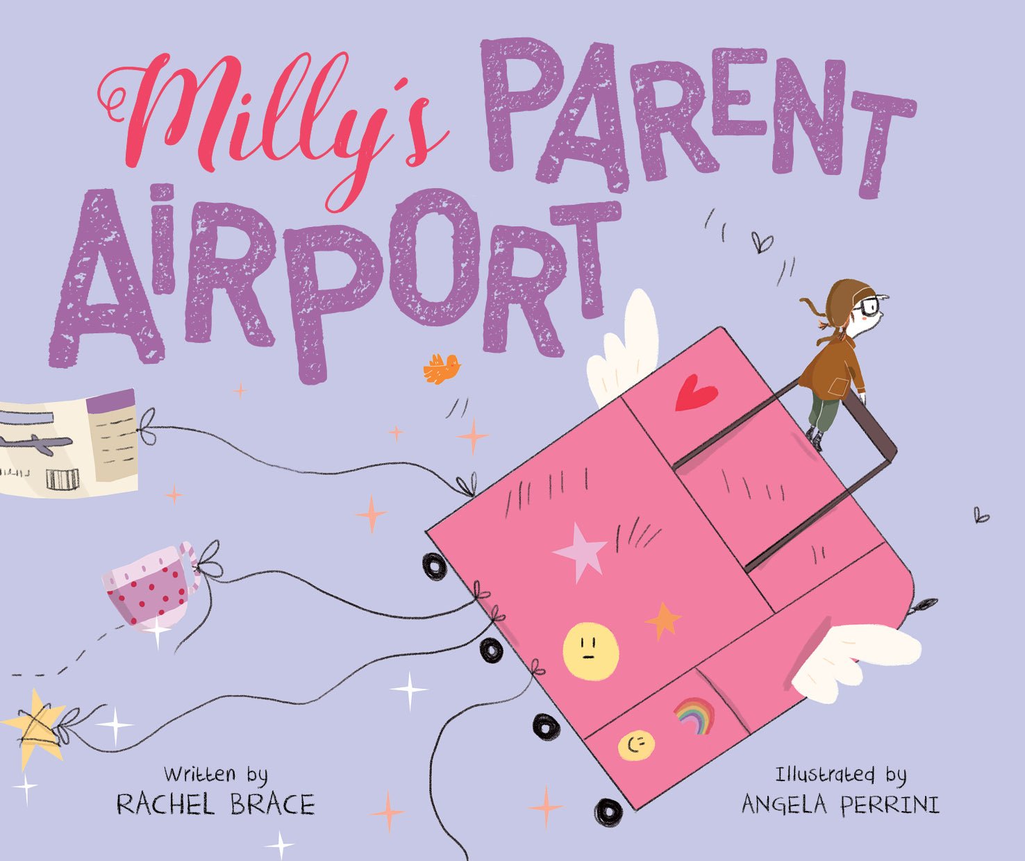 Book Cover of Milly's Parent Airport by Rachel Brace with flying pink suitcase