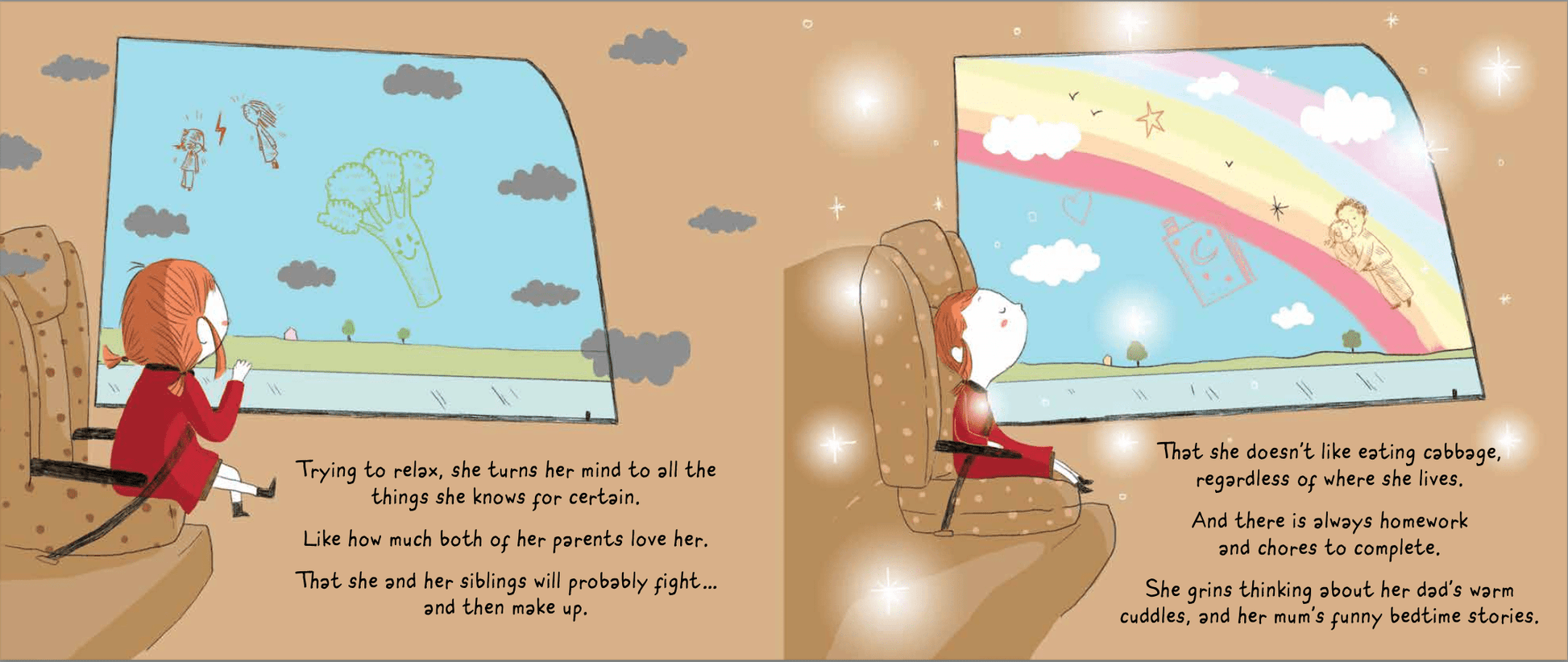 pages 18 and 19 from Milly's Parent Airport as Milly thinks about what she knows for certain about both of her homes