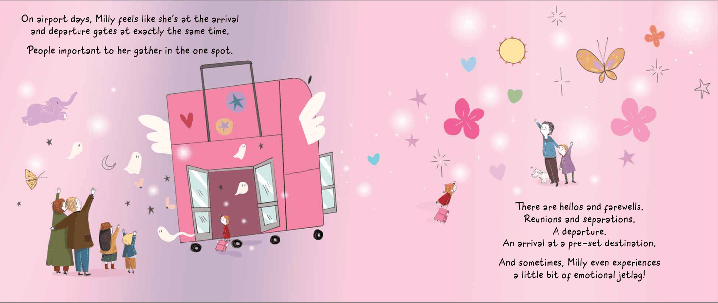 pages 6 and 7 from Milly's Parent Airport with her two families saying hello and goodbye at the same time