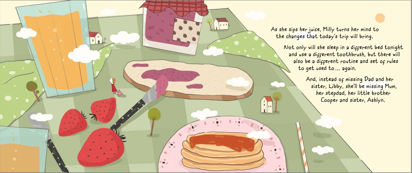 Pages 8 and 9 from Milly's Parent Airport with a breakfast table setting and Milly thinking about her transition day ahead