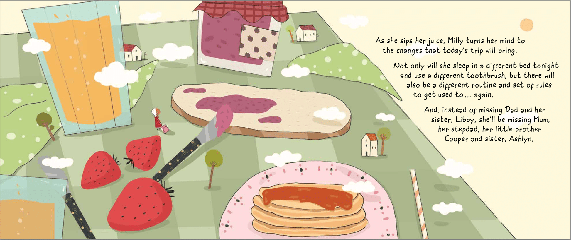 Pages 8 and 9 from Milly's Parent Airport with a breakfast table setting and Milly thinking about her transition day ahead