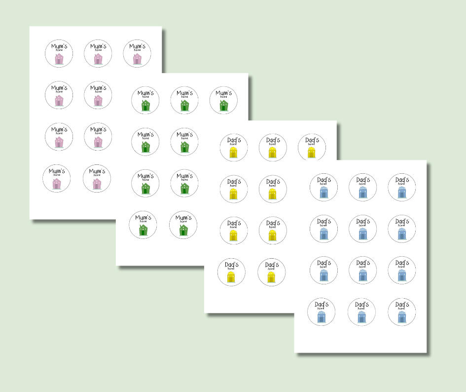 Sticker sheets with round Mum’s house and Dad’s house stickers, each in a different colourway