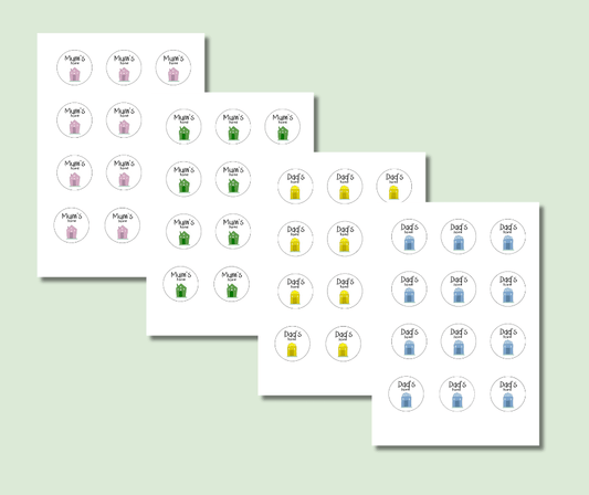 Sticker sheets with round Mum’s house and Dad’s house stickers, each in a different colourway