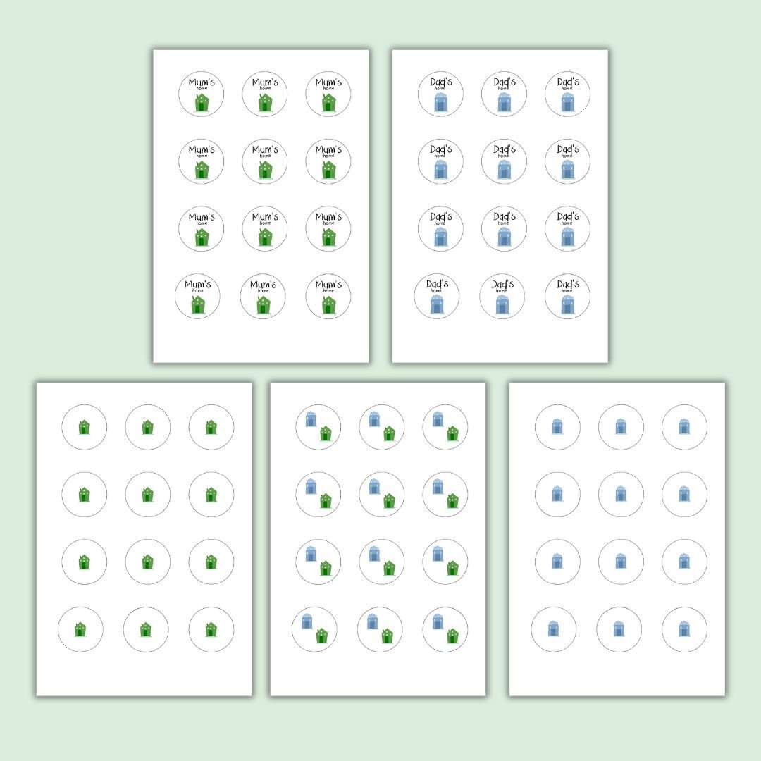 pack of 5 sticker sheets indicating mum's house (green) dad's house (blue) and transition days (green and blue)