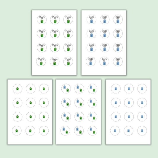 pack of 5 sticker sheets indicating mum's house (green) dad's house (blue) and transition days (green and blue)