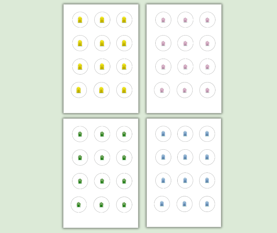 4 stickers sheets with 12 circular home stickers, each sheet  in a different colour