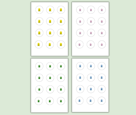 4 stickers sheets with 12 circular home stickers, each sheet  in a different colour