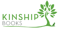 Kinship Books new logo including silhouette of a schnauzer, cropped to landscape format