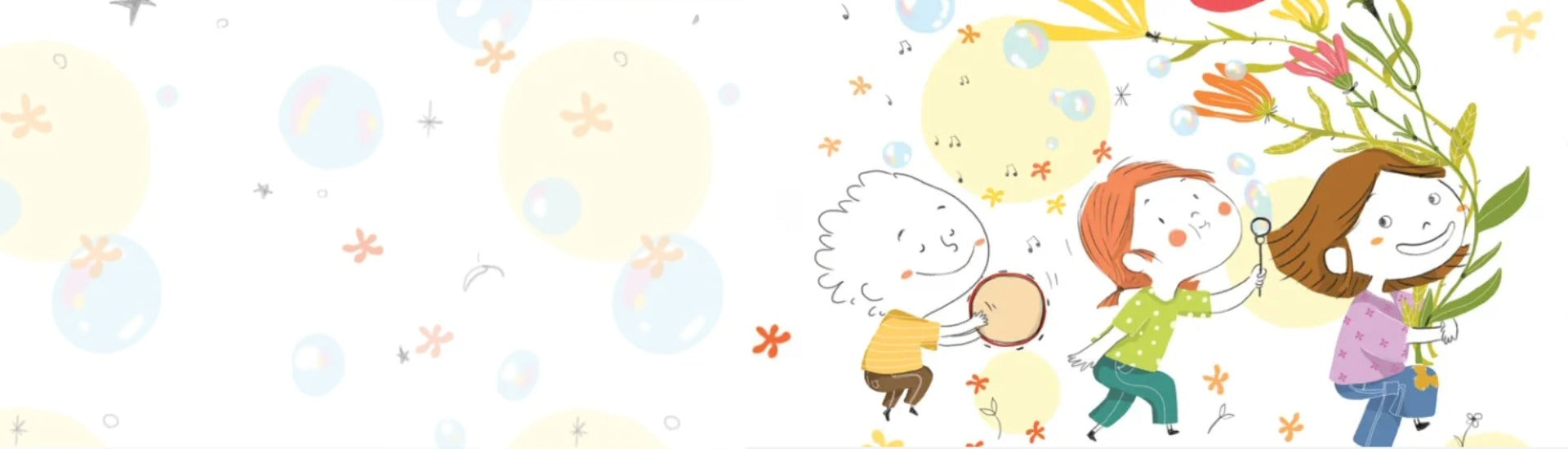 Max, Harriet and Milly dancing with flowers, landscape version