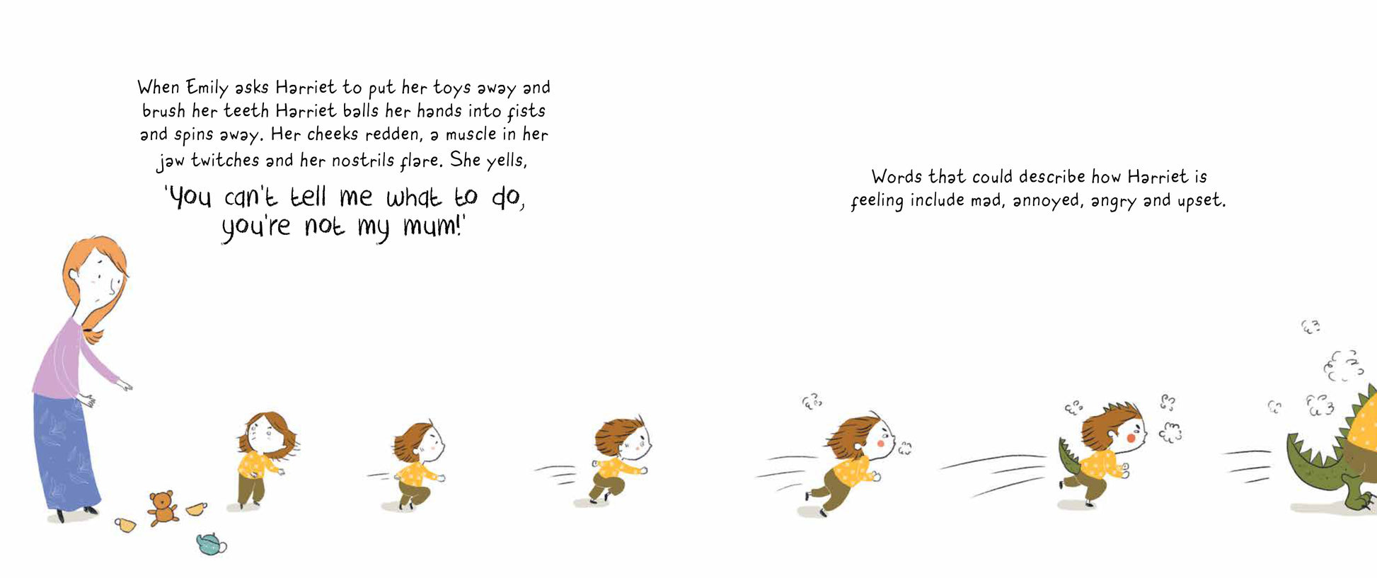 pages 22 and 23 from inside Harriet's Expanding Heart showing interaction between Harriet and stepmum