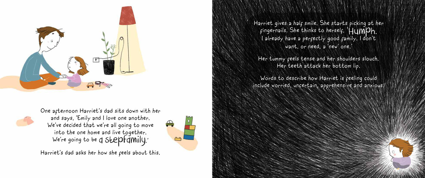 pages 8 and 9 from Harriet's Expanding Heart with her dad explaining forming a stepfamily