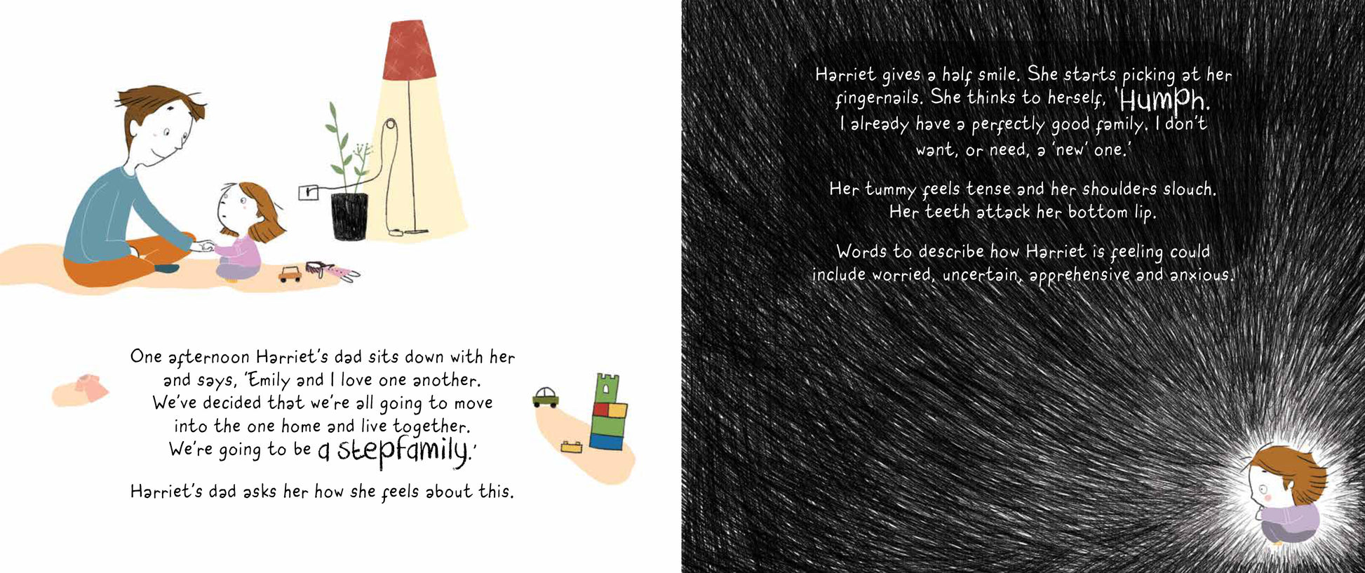 pages 8 and 9 from Harriet's Expanding Heart with her dad explaining forming a stepfamily