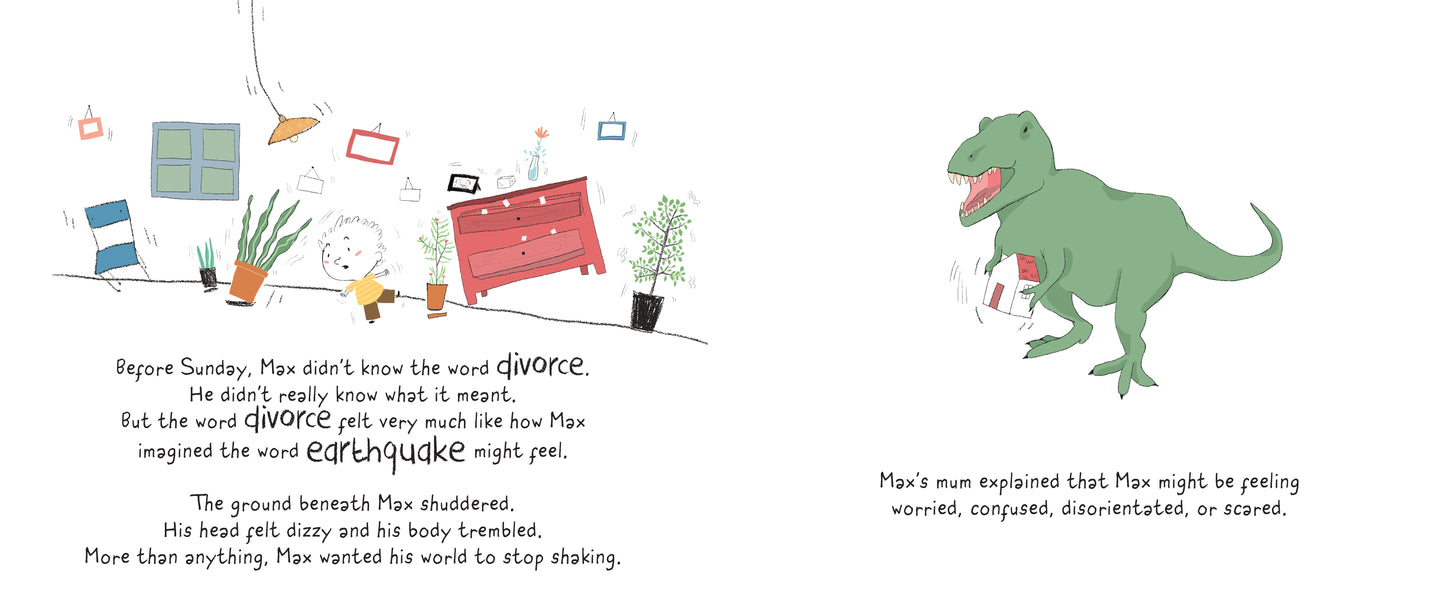 pages 2 and 3 from inside Max's Divorce Earthquake explaining feelings of divorce